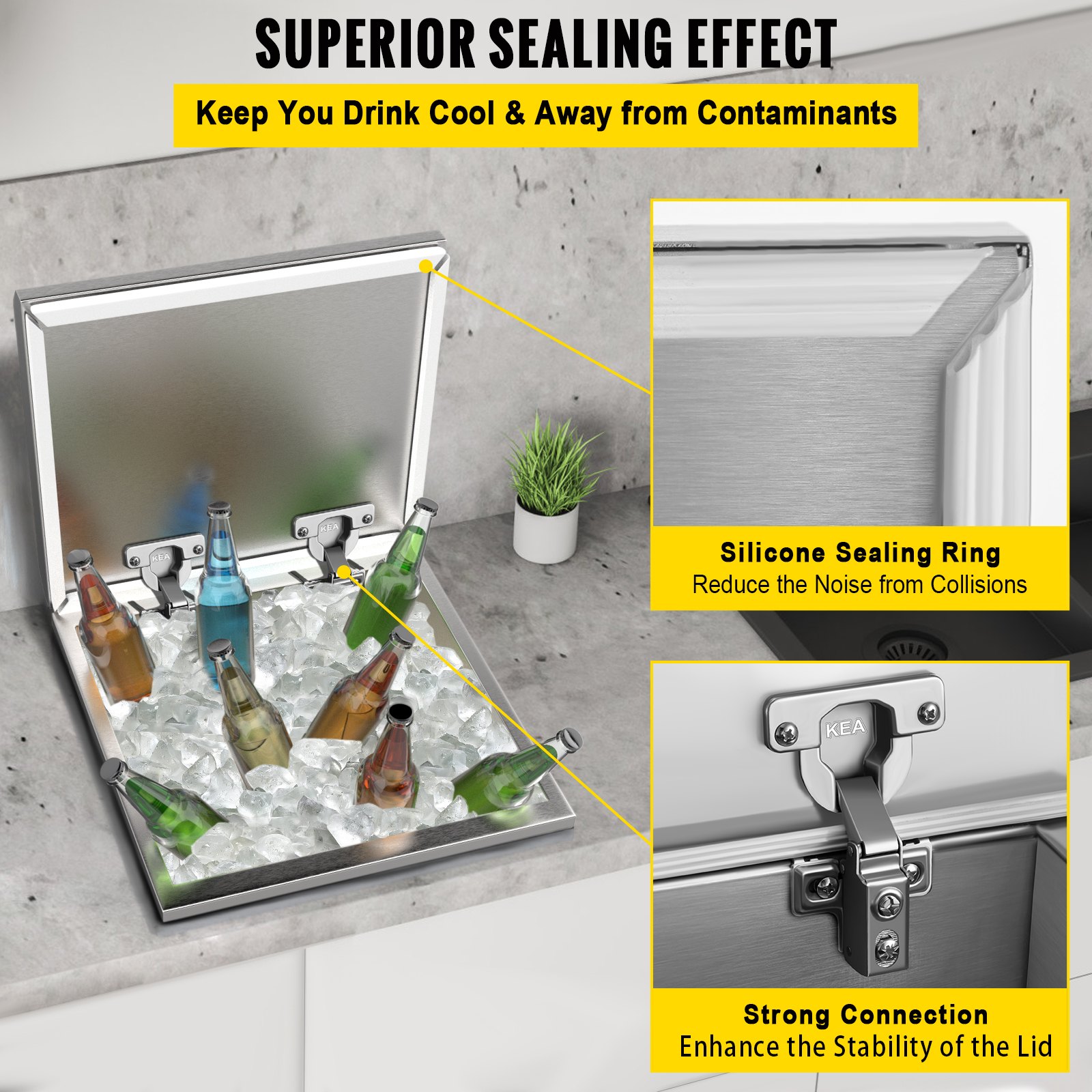 VEVOR Drop in Ice Chest 20''L x 18''W x 13''H Drop in Cooler Stainless Steel with Hinged Cover Bar Ice Bin 45.4 qt Drain-pipe and Drain Plug Included for Cold Wine Beer