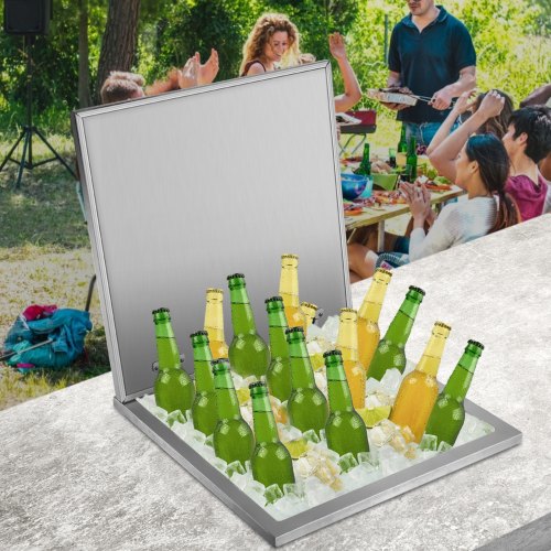 VEVOR Drop in Ice Chest 20''L x 20''W x 13''H Drop in Cooler Stainless Steel with Hinged Cover Bar Ice Bin 40.9 qt Drain-pipe and Drain Plug Included for Cold Wine Beer