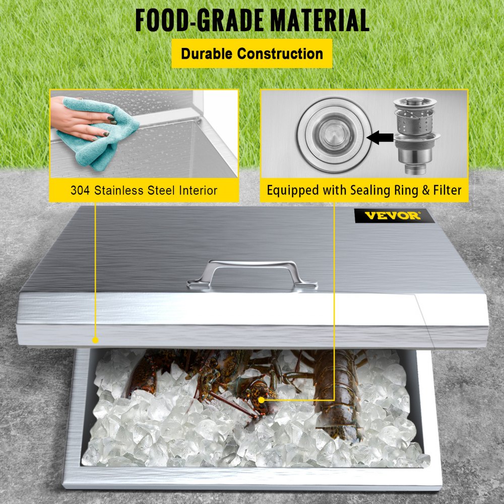VEVOR Drop in Ice Chest 20''L x 20''W x 13''H Drop in Cooler Stainless Steel with Hinged Cover Bar Ice Bin 40.9 qt Drain-pipe and Drain Plug Included for Cold Wine Beer