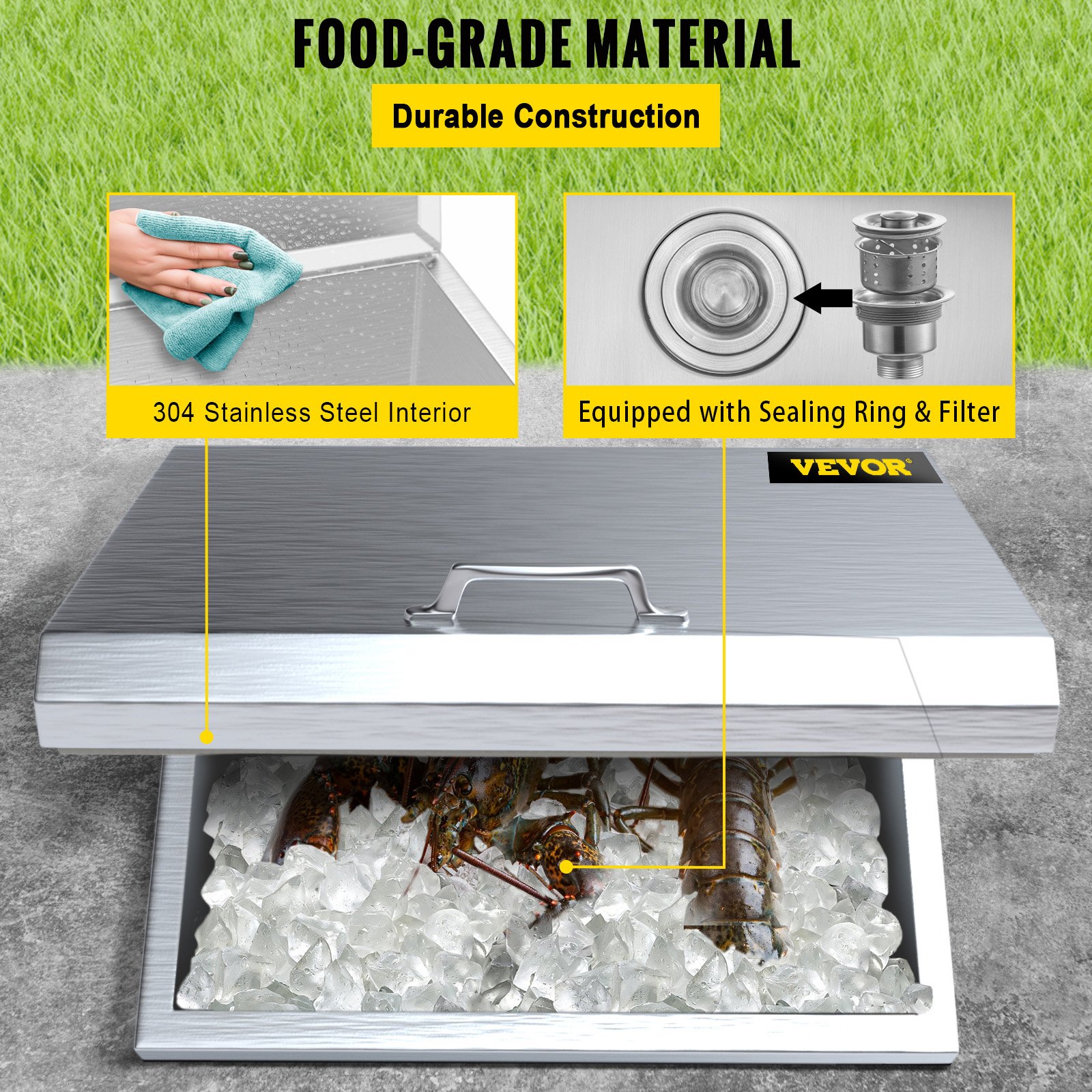 VEVOR Drop in Ice Chest 20''L x 20''W x 13''H Drop in Cooler Stainless Steel with Hinged Cover Bar Ice Bin 40.9 qt Drain-pipe and Drain Plug Included for Cold Wine Beer