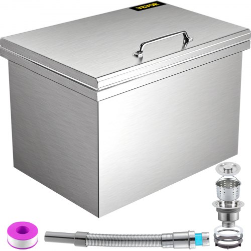 VEVOR Drop in Ice Chest 28''L x 16''W x 17''H Drop in Cooler Stainless Steel with Hinged Cover Bar Ice Bin 76.3 qt Drain-pipe and Drain Plug Included for Cold Wine Beer
