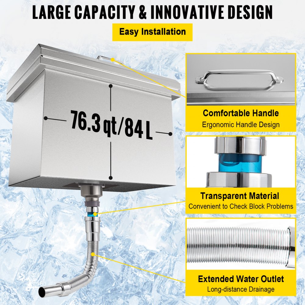 VEVOR Drop in Ice Chest 28''L x 16''W x 17''H Drop in Cooler Stainless Steel with Hinged Cover Bar Ice Bin 76.3 qt Drain-pipe and Drain Plug Included for Cold Wine Beer