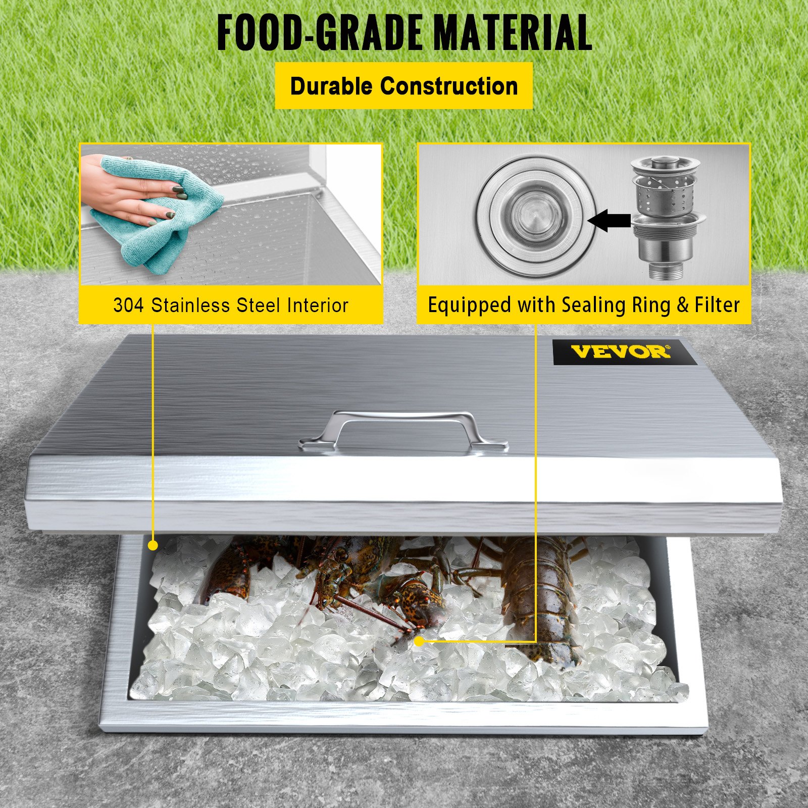 VEVOR Drop in Ice Chest 28''L x 16''W x 17''H Drop in Cooler Stainless Steel with Hinged Cover Bar Ice Bin 76.3 qt Drain-pipe and Drain Plug Included for Cold Wine Beer