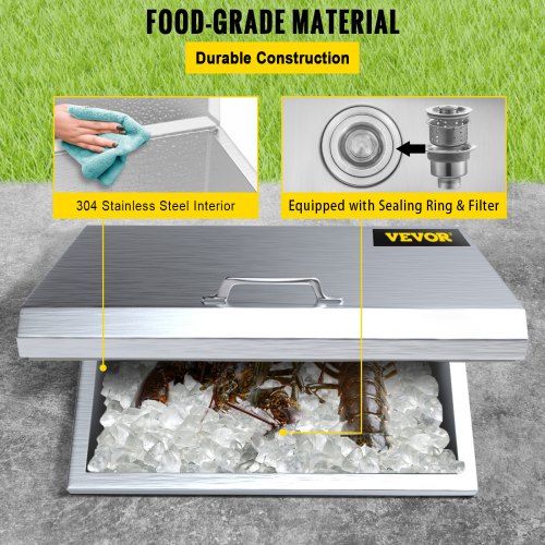 Glacière encastrable en acier inoxydable, 508 x 355 x 306 mm, bac à glace commercial de 30 L pour l'extérieur avec couvercle, tuyau d'évacuation
