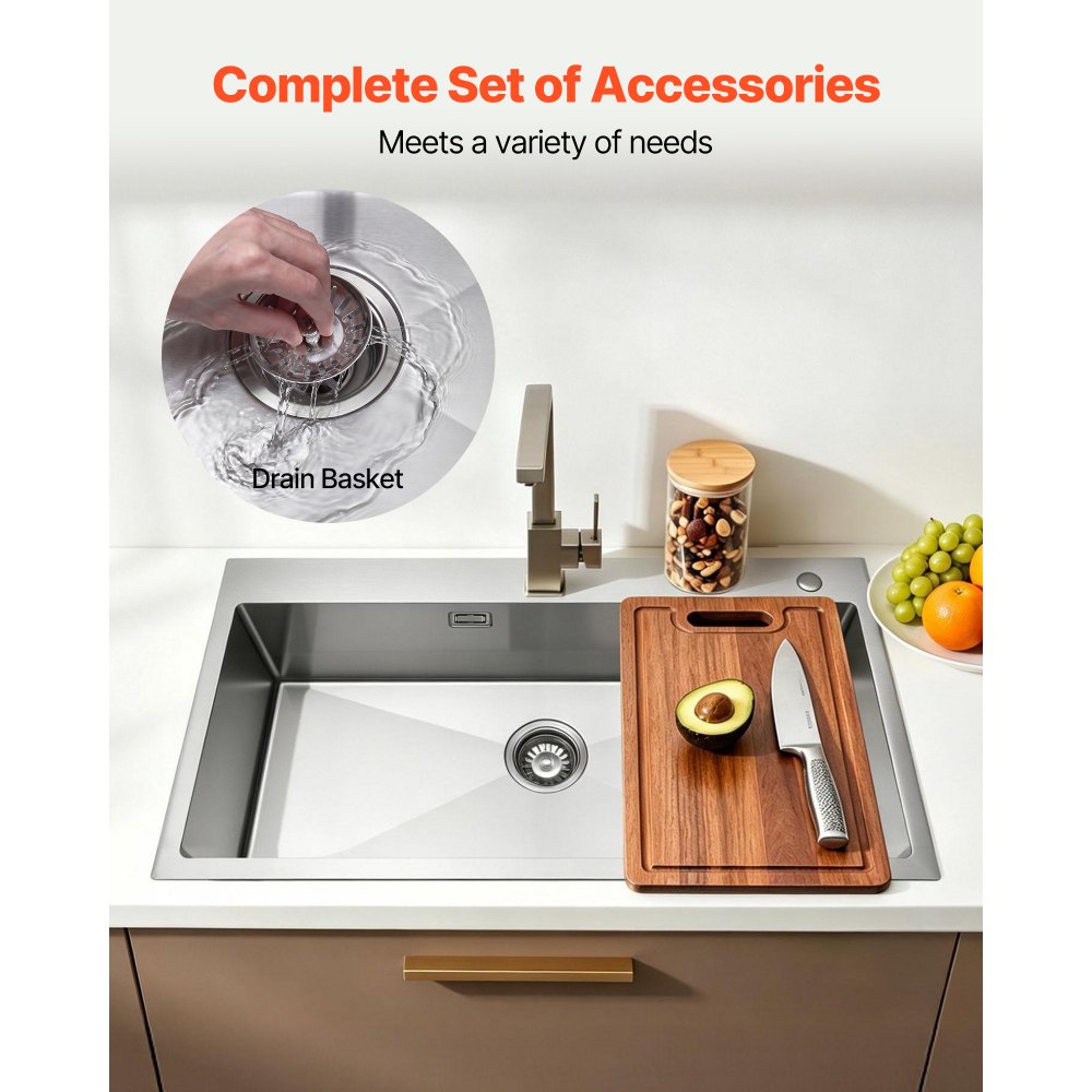 VEVOR 85cm Kitchen Top Mount Single Bowl Sinks, Stainless Steel Drop-In Farmhouse Basin with Accessories, Household Dishwasher Sinks for RV, Prep Kitchen, Laundry Room, Bar