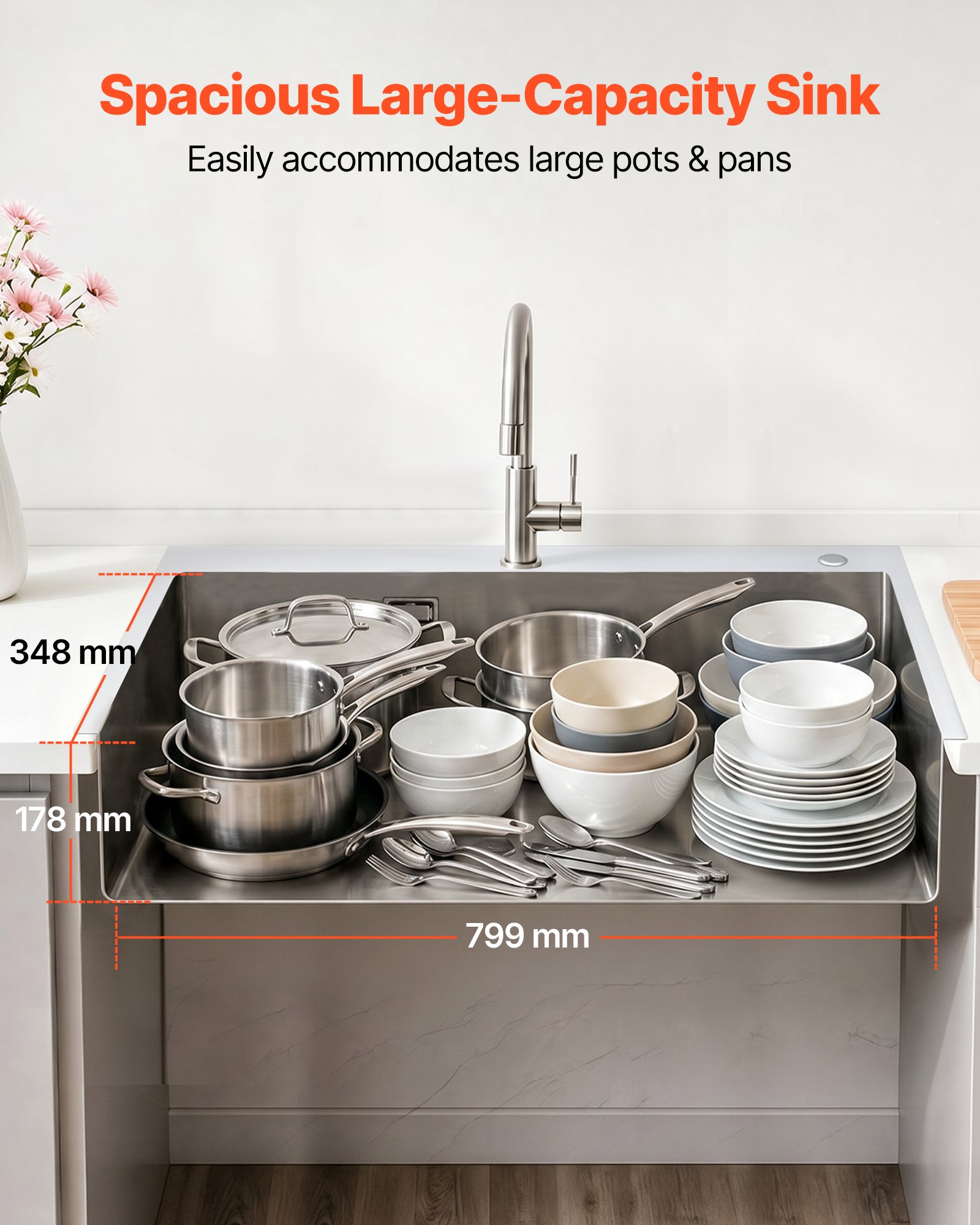 VEVOR 85cm Kitchen Top Mount Single Bowl Sinks, Stainless Steel Drop-In Farmhouse Basin with Accessories, Household Dishwasher Sinks for RV, Prep Kitchen, Laundry Room, Bar