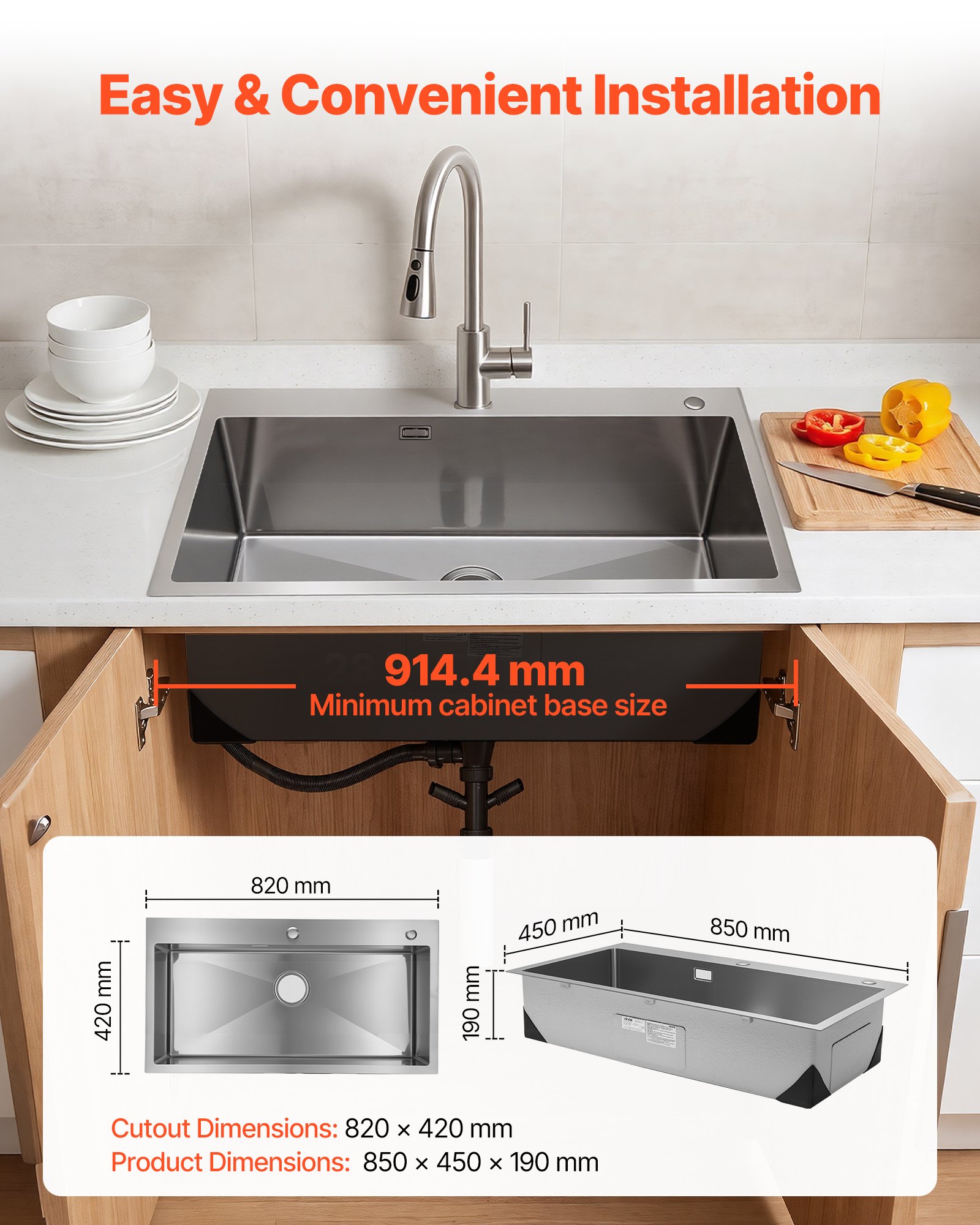 VEVOR 85cm Kitchen Top Mount Single Bowl Sinks, Stainless Steel Drop-In Farmhouse Basin with Accessories, Household Dishwasher Sinks for RV, Prep Kitchen, Laundry Room, Bar