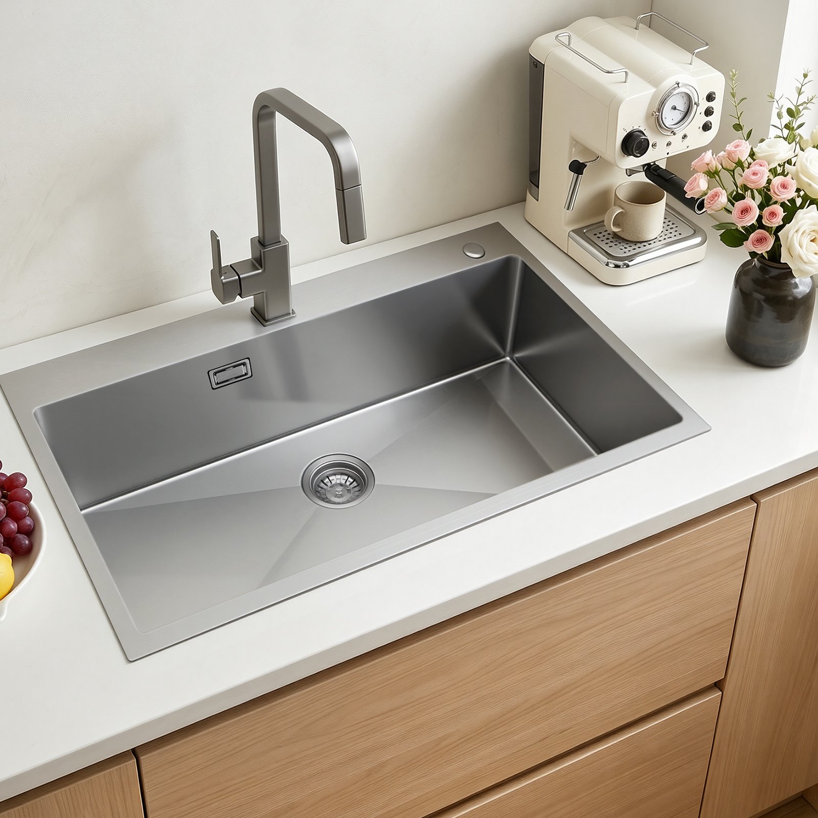VEVOR 85cm Kitchen Top Mount Single Bowl Sinks, Stainless Steel Drop-In Farmhouse Basin with Accessories, Household Dishwasher Sinks for RV, Prep Kitchen, Laundry Room, Bar