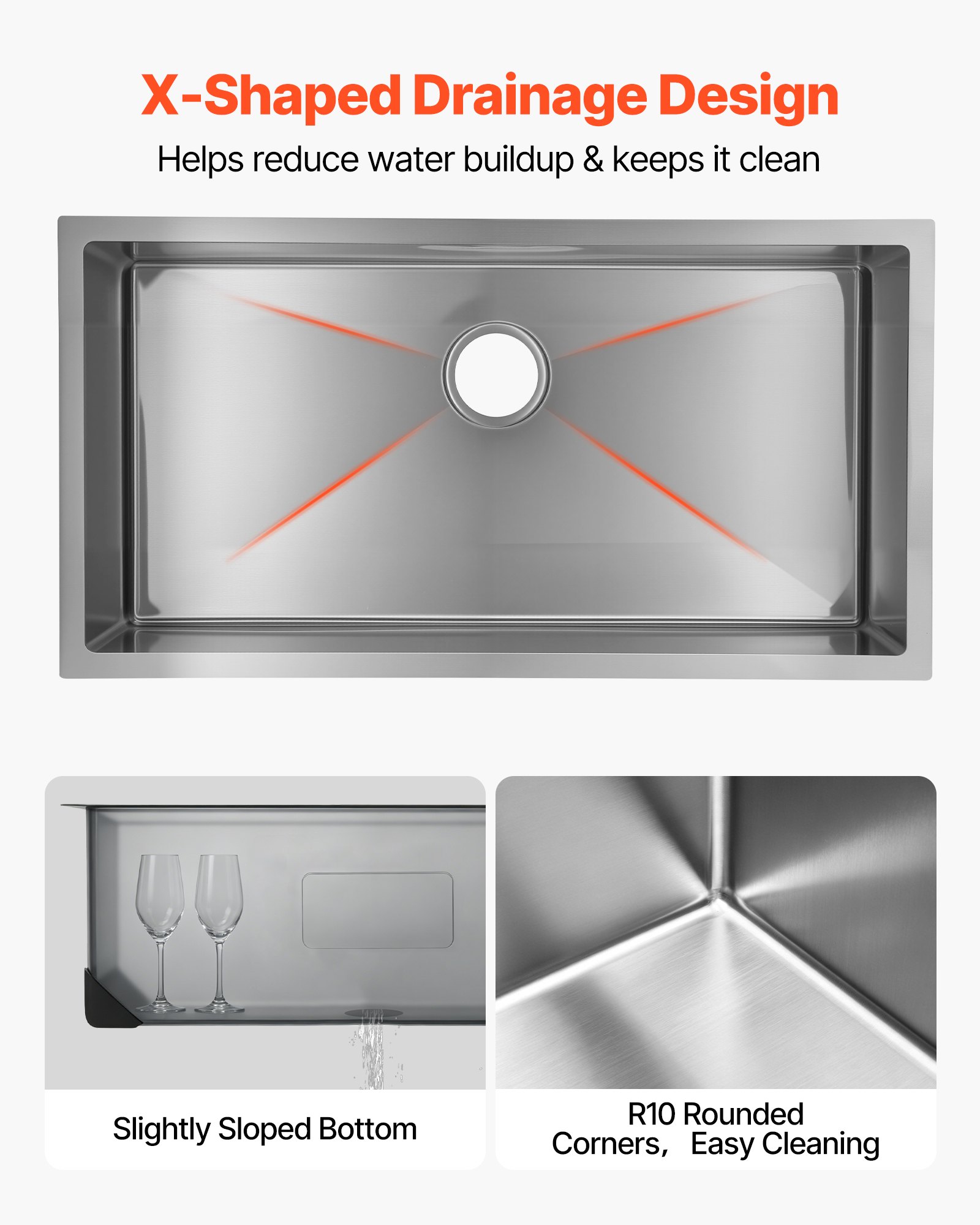 VEVOR 85cm Kitchen Undermount Single Bowl Sinks, Stainless Steel Drop-In Farmhouse Basin with Accessories, Household Dishwasher Sinks for RV, Prep Kitchen, Laundry Room, Bar