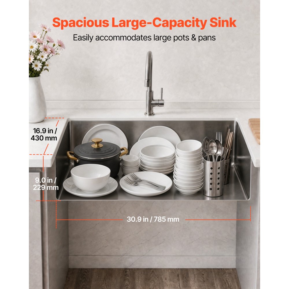 VEVOR 33-inch Kitchen Undermount Single Bowl Sinks, Stainless Steel Drop-In Farmhouse Basin with Ledge & Accessories, Household Dishwasher Sinks for RV, Prep Kitchen, Laundry Room, Bar
