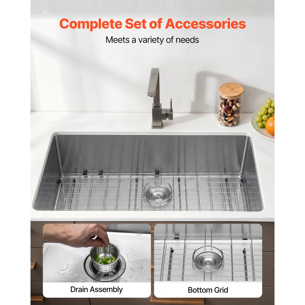 VEVOR 33-inch Kitchen Undermount Single Bowl Sinks, Stainless Steel Drop-In Farmhouse Basin with Ledge & Accessories, Household Dishwasher Sinks for RV, Prep Kitchen, Laundry Room, Bar