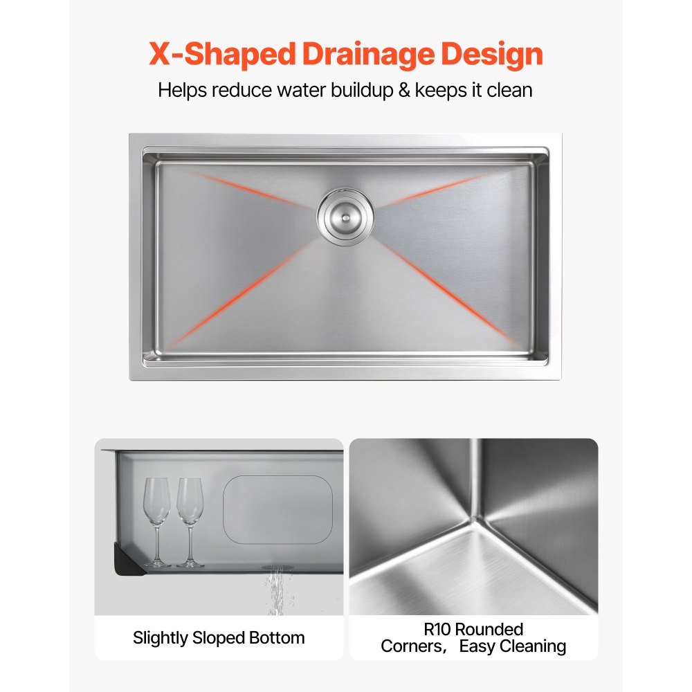 VEVOR 33-inch Kitchen Undermount Single Bowl Sinks, Stainless Steel Drop-In Farmhouse Basin with Ledge & Accessories, Household Dishwasher Sinks for RV, Prep Kitchen, Laundry Room, Bar