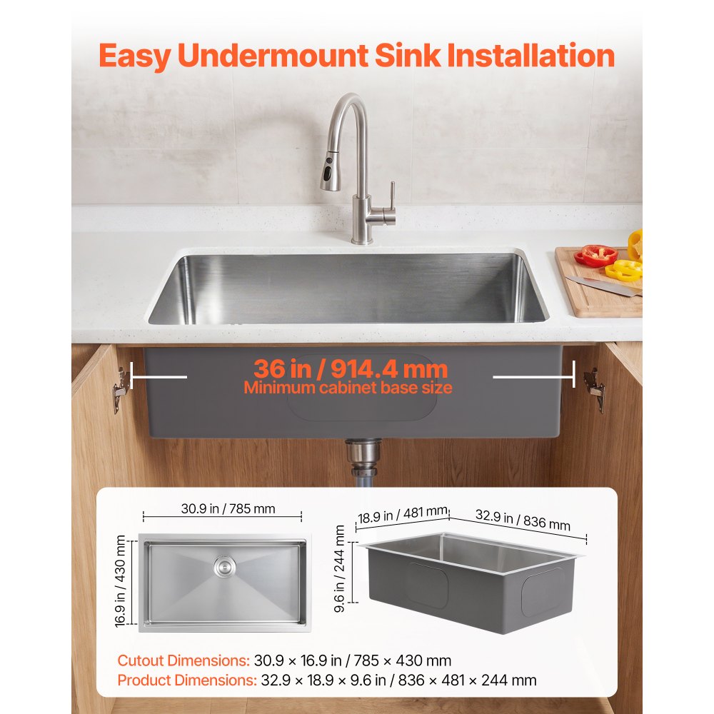 VEVOR 33-inch Kitchen Undermount Single Bowl Sinks, Stainless Steel Drop-In Farmhouse Basin with Ledge & Accessories, Household Dishwasher Sinks for RV, Prep Kitchen, Laundry Room, Bar