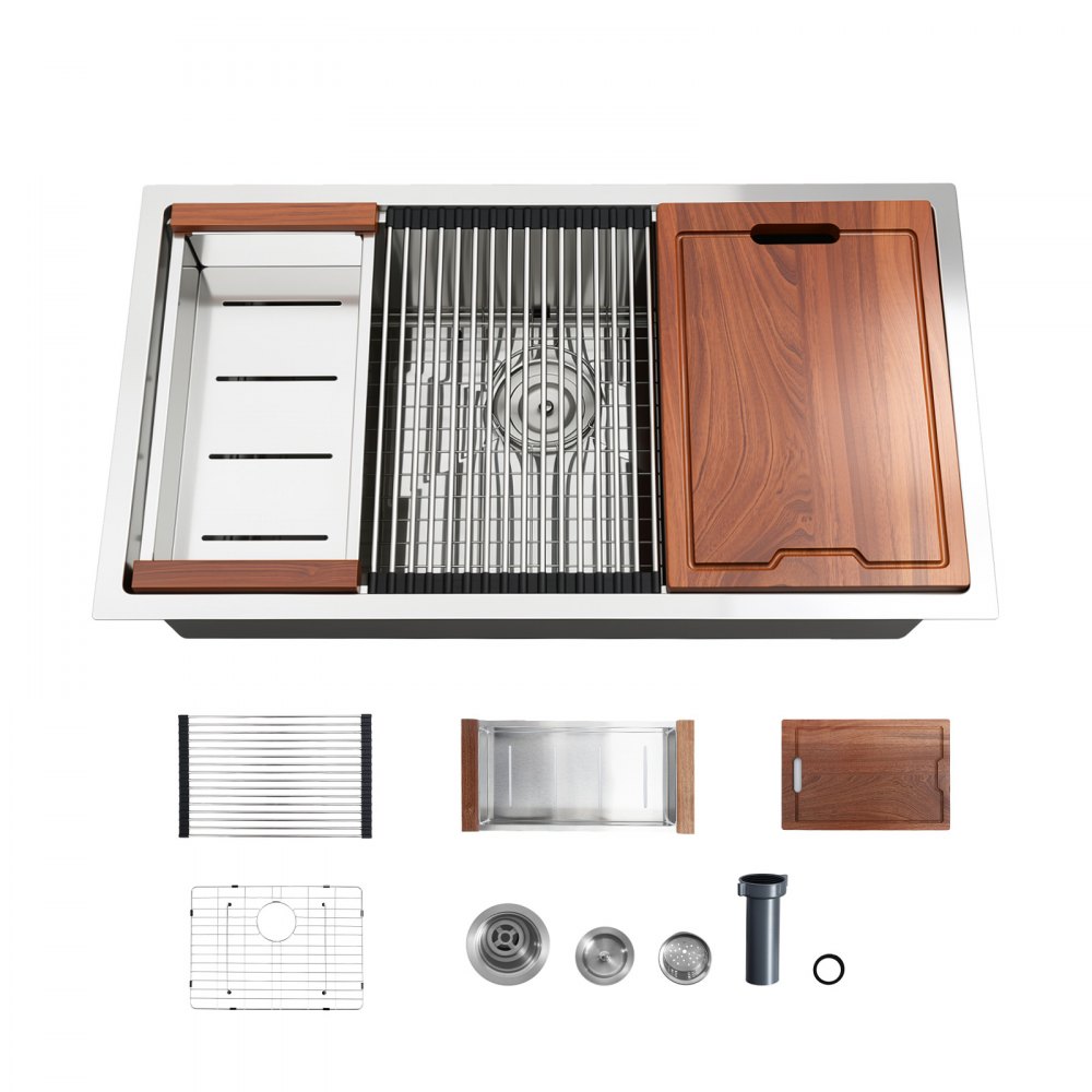VEVOR 33-inch Kitchen Undermount Single Bowl Sinks, Stainless Steel Drop-In Farmhouse Basin with Ledge & Accessories, Household Dishwasher Sinks for RV, Prep Kitchen, Laundry Room, Bar