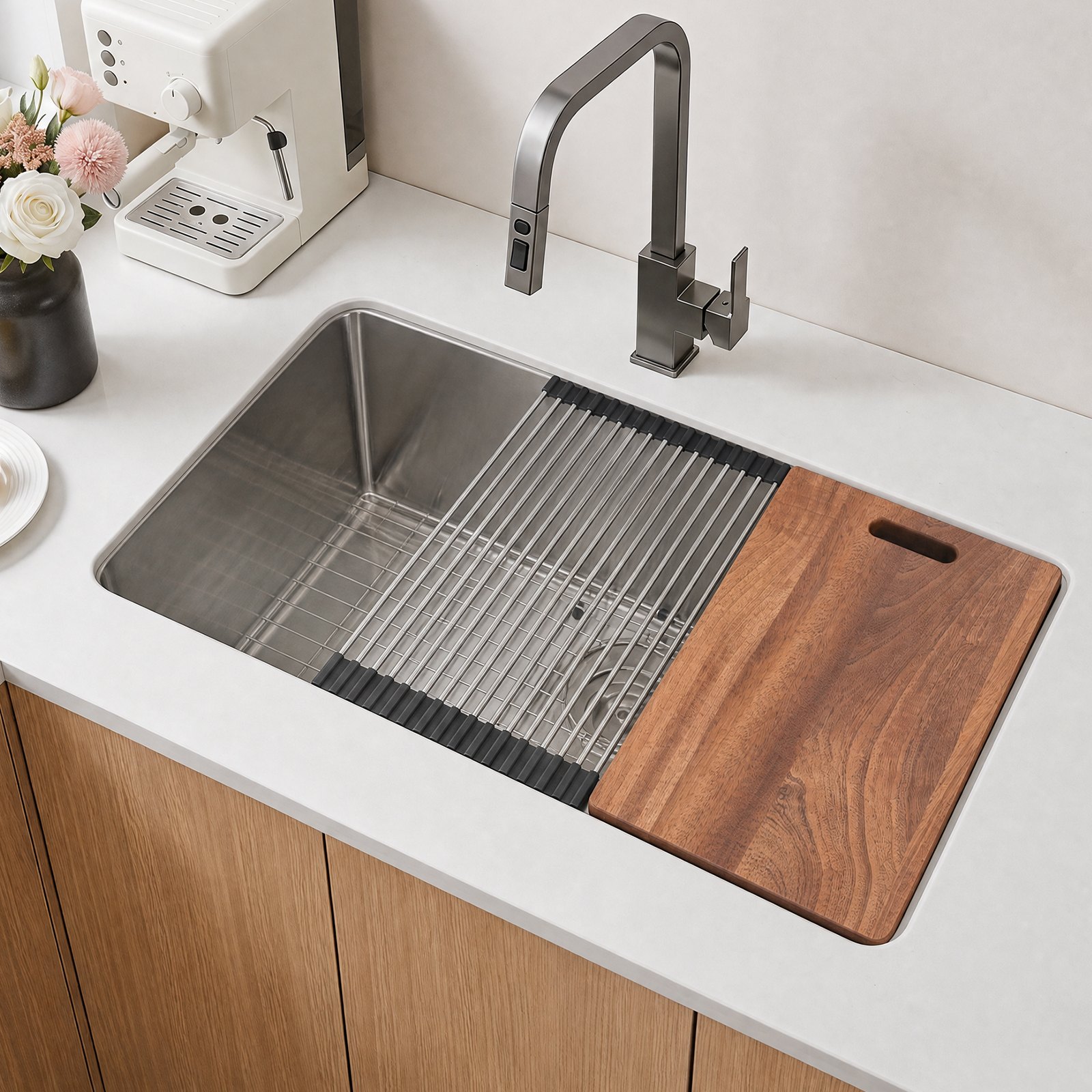 VEVOR 84 cm Kitchen Undermount Single Bowl Sinks, Stainless Steel Drop-In Farmhouse Basin with Ledge & Accessories, Household Dishwasher Sinks for RV, Prep Kitchen, Laundry Room, Bar