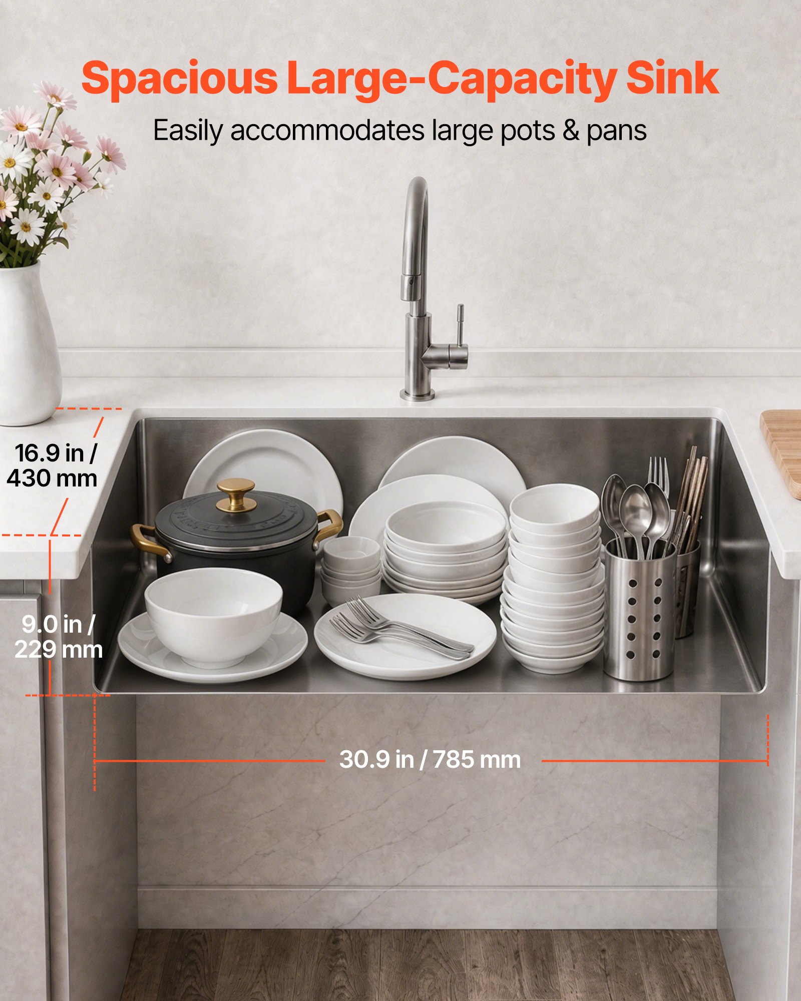 VEVOR 33-inch Kitchen Undermount Single Bowl Sinks, Stainless Steel Drop-In Farmhouse Basin with Ledge & Accessories, Household Dishwasher Sinks for RV, Prep Kitchen, Laundry Room, Bar
