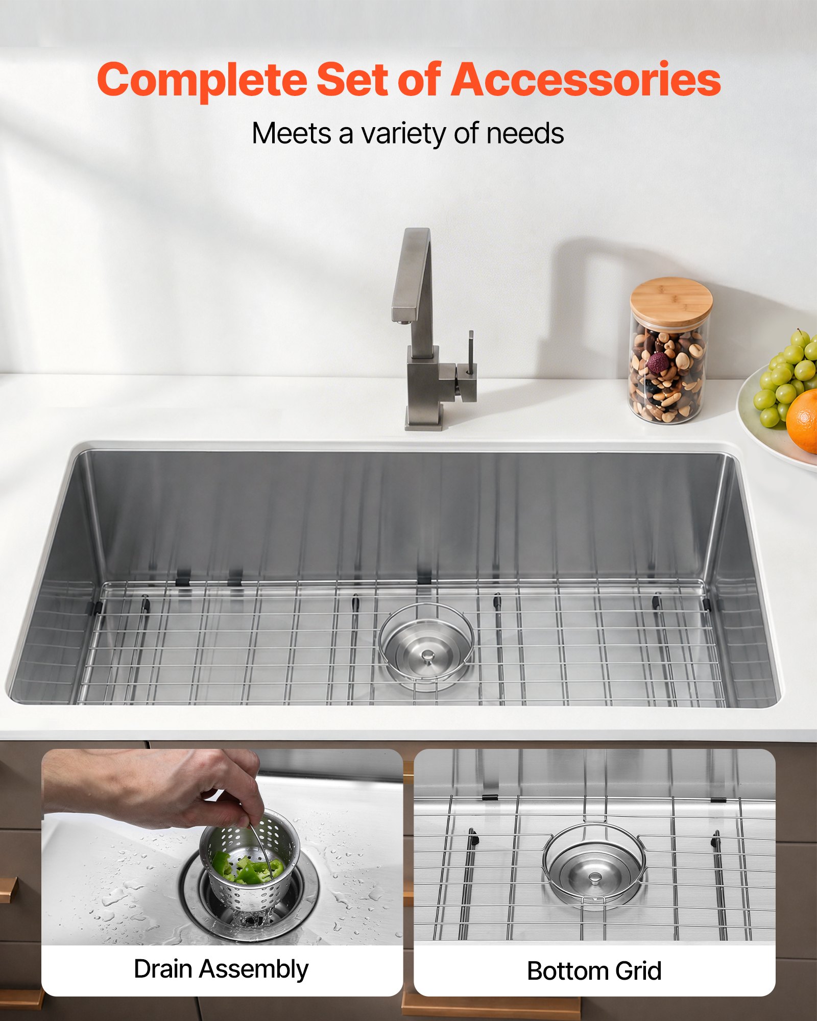 VEVOR 33-inch Kitchen Undermount Single Bowl Sinks, Stainless Steel Drop-In Farmhouse Basin with Ledge & Accessories, Household Dishwasher Sinks for RV, Prep Kitchen, Laundry Room, Bar