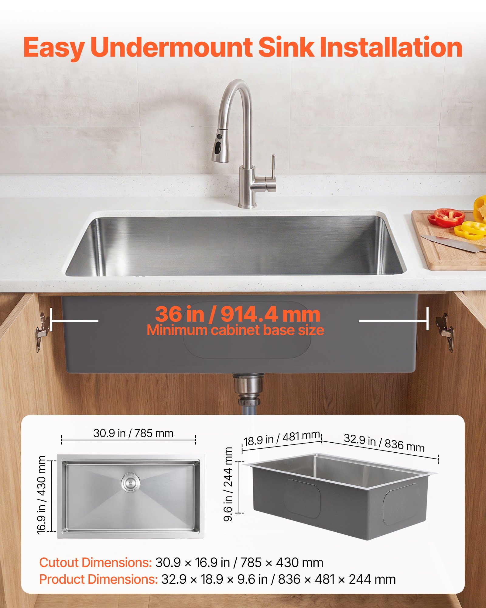 VEVOR 33-inch Kitchen Undermount Single Bowl Sinks, Stainless Steel Drop-In Farmhouse Basin with Ledge & Accessories, Household Dishwasher Sinks for RV, Prep Kitchen, Laundry Room, Bar
