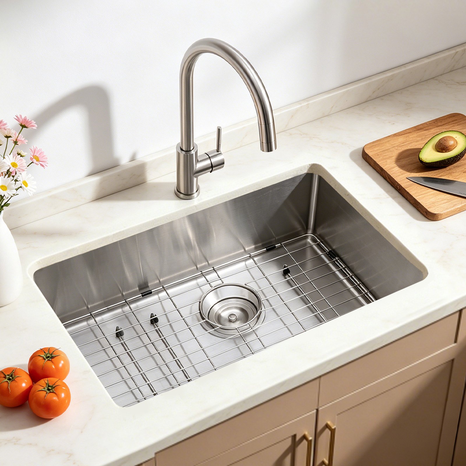 VEVOR 33-inch Kitchen Undermount Single Bowl Sinks, Stainless Steel Drop-In Farmhouse Basin with Ledge & Accessories, Household Dishwasher Sinks for RV, Prep Kitchen, Laundry Room, Bar
