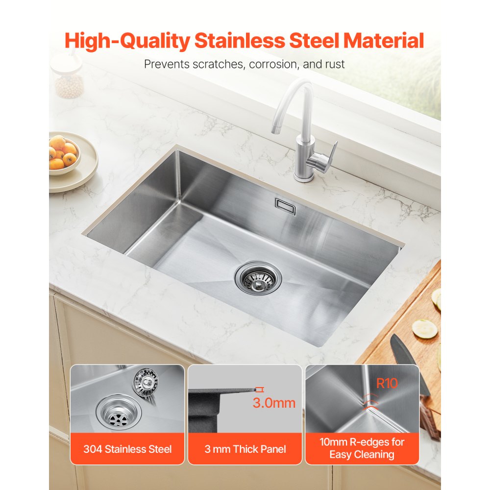 VEVOR 76cm Kitchen Sink Workstation, 304 Stainless Steel Undermount Sinks, Drop-In Single Bowl Farmhouse Basin with Accessories, Household Dishwasher Sinks for RV, Prep Kitchen, Laundry Room, Bar