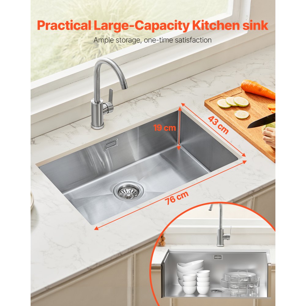 VEVOR 76cm Kitchen Sink Workstation, 304 Stainless Steel Undermount Sinks, Drop-In Single Bowl Farmhouse Basin with Accessories, Household Dishwasher Sinks for RV, Prep Kitchen, Laundry Room, Bar
