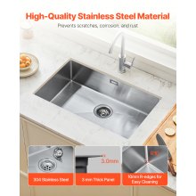 VEVOR 76cm Kitchen Sink Undermount Single Bowl Drop-In Basin Stainless Steel Bar