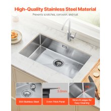 VEVOR 76cm Kitchen Sink Undermount Single Bowl Drop-In Basin Stainless Steel Bar