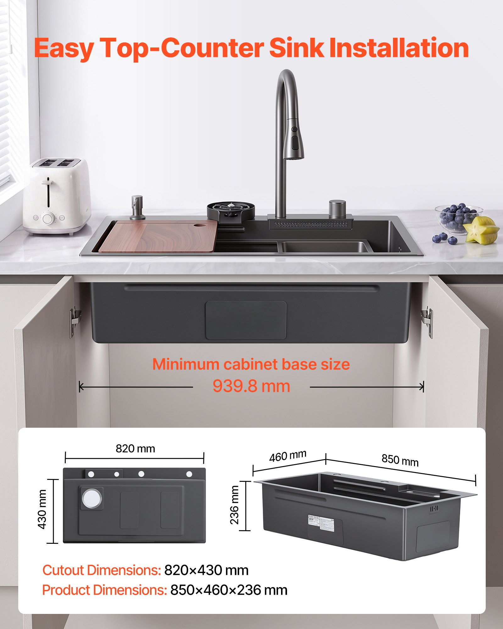 VEVOR 85cm Kitchen Top Mount Single Bowl Sinks, Stainless Steel Drop-In Farmhouse Basin with Ledge & Accessories, Household Dishwasher Sinks for RV, Prep Kitchen, Laundry Room, Bar