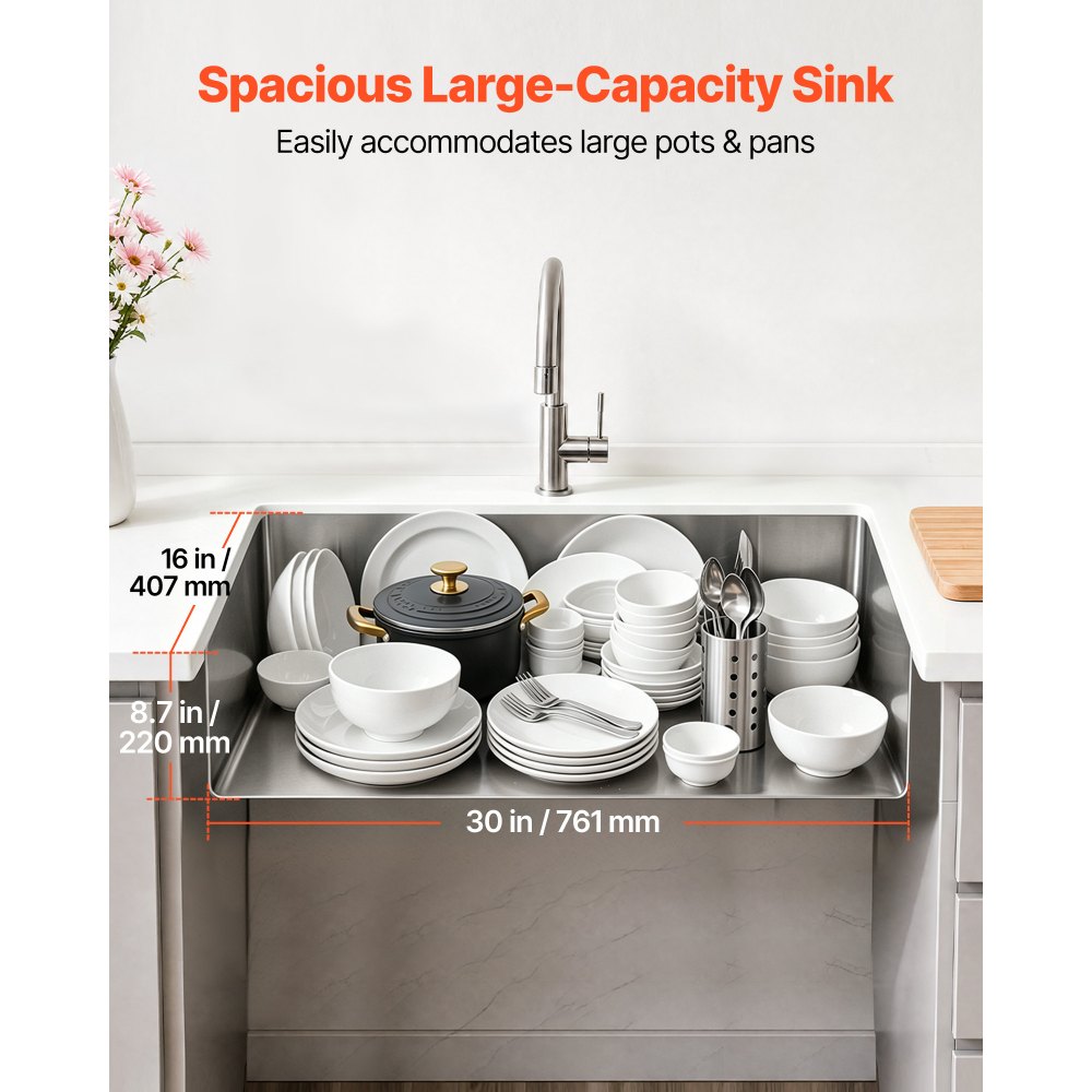 VEVOR 81 cm Kitchen Undermount Single Bowl Sinks, Stainless Steel Drop-In Farmhouse Basin with Accessories, Household Dishwasher Sinks for RV, Prep Kitchen, Laundry Room, Bar