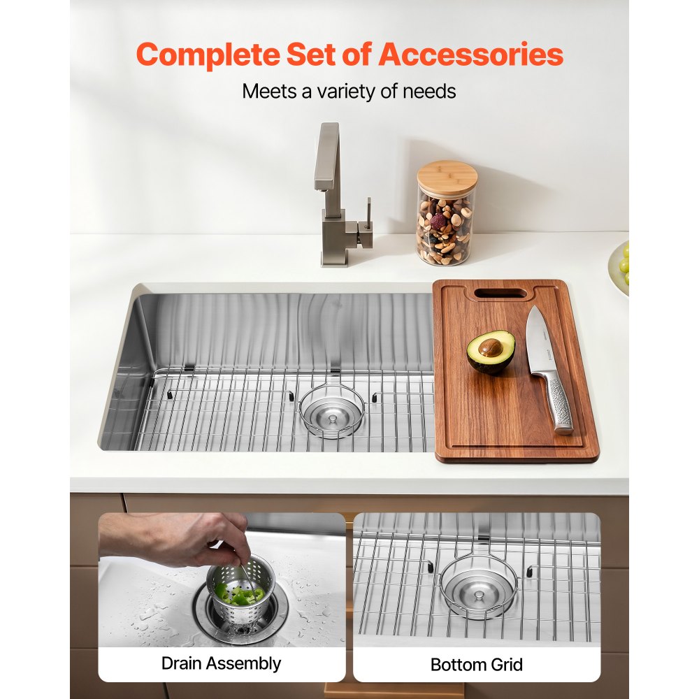 VEVOR 81 cm Kitchen Undermount Single Bowl Sinks, Stainless Steel Drop-In Farmhouse Basin with Accessories, Household Dishwasher Sinks for RV, Prep Kitchen, Laundry Room, Bar