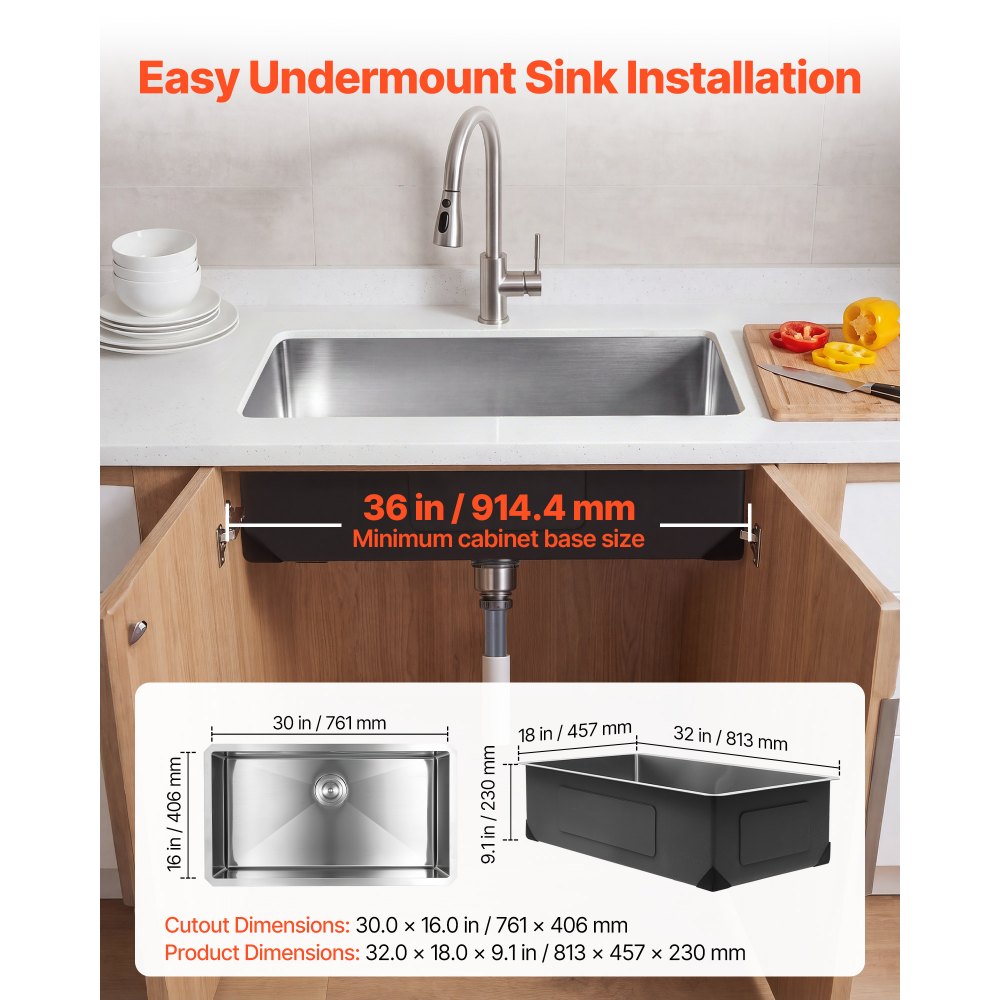 VEVOR 81 cm Kitchen Undermount Single Bowl Sinks, Stainless Steel Drop-In Farmhouse Basin with Accessories, Household Dishwasher Sinks for RV, Prep Kitchen, Laundry Room, Bar