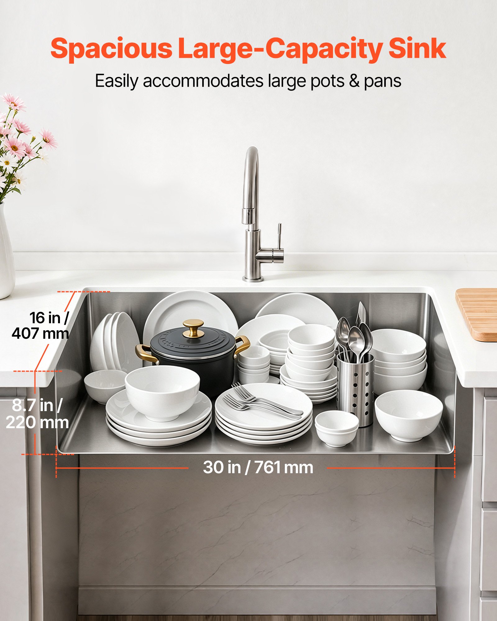 VEVOR 81 cm Kitchen Undermount Single Bowl Sinks, Stainless Steel Drop-In Farmhouse Basin with Accessories, Household Dishwasher Sinks for RV, Prep Kitchen, Laundry Room, Bar