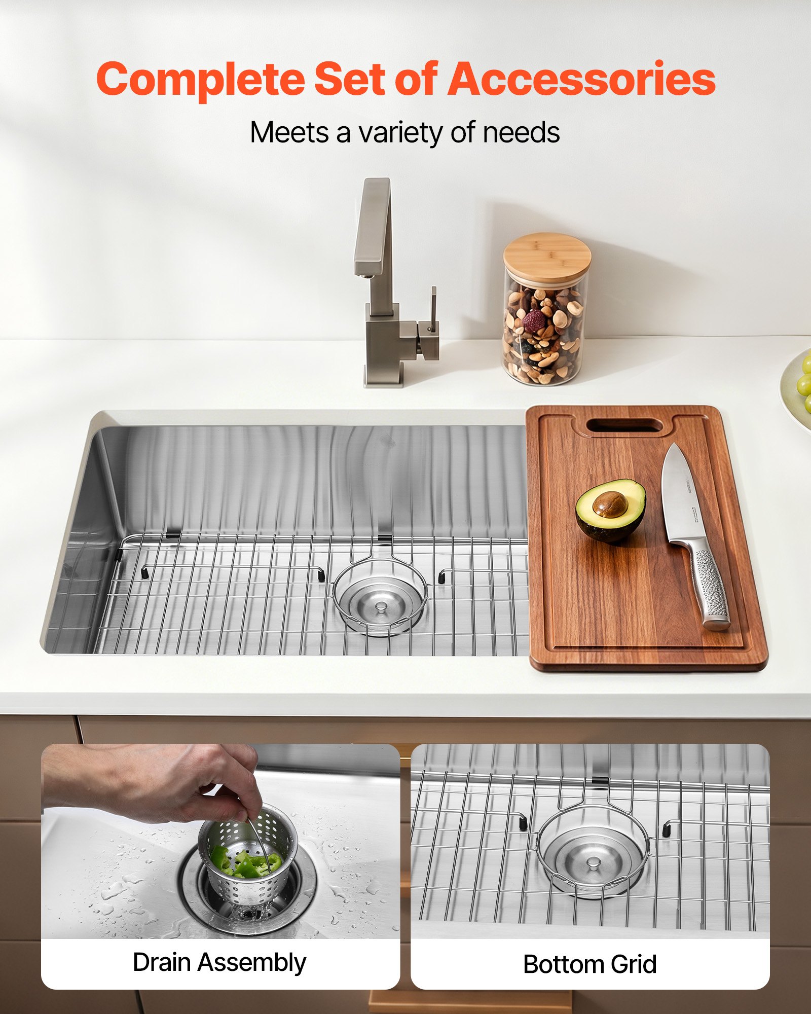 VEVOR 81 cm Kitchen Undermount Single Bowl Sinks, Stainless Steel Drop-In Farmhouse Basin with Accessories, Household Dishwasher Sinks for RV, Prep Kitchen, Laundry Room, Bar