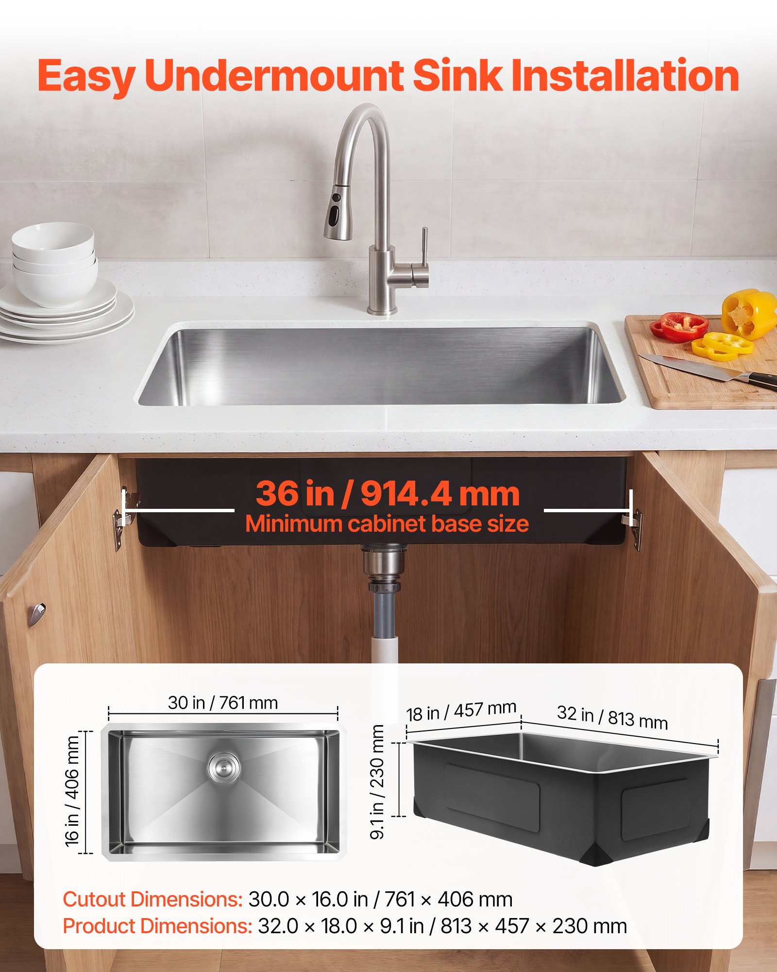 VEVOR 81 cm Kitchen Undermount Single Bowl Sinks, Stainless Steel Drop-In Farmhouse Basin with Accessories, Household Dishwasher Sinks for RV, Prep Kitchen, Laundry Room, Bar