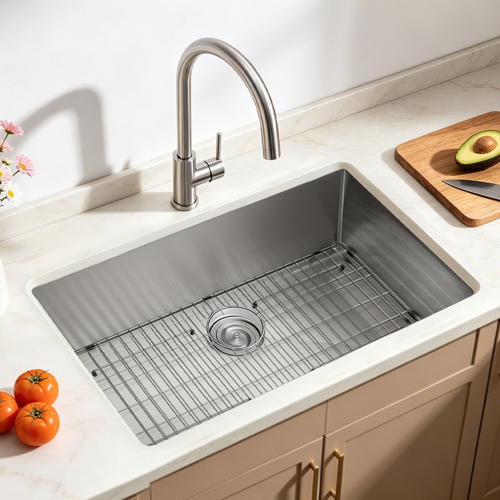 VEVOR 81 cm Kitchen Undermount Single Bowl Sinks, Stainless Steel Drop-In Farmhouse Basin with Accessories, Household Dishwasher Sinks for RV, Prep Kitchen, Laundry Room, Bar