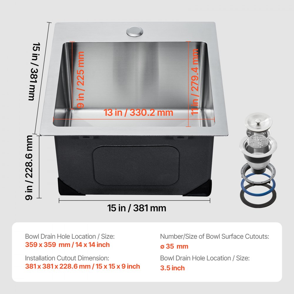 VEVOR 15 inch Kitchen Sink Workstation, 304 Stainless Steel Top Mount Sinks, Drop-In Single Bowl Farmhouse Basin with Accessories, Household Dishwasher Sinks for RV, Prep Kitchen, Laundry Room, Bar