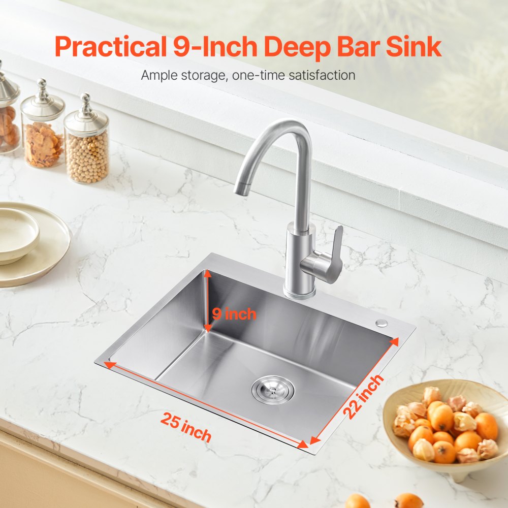 VEVOR 25 inch Kitchen Sink Workstation, 304 Stainless Steel Top Mount Sinks, Drop-In Single Bowl Farmhouse Basin with Accessories, Household Dishwasher Sinks for RV, Prep Kitchen, Laundry Room, Bar