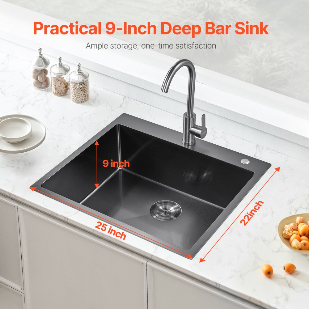 VEVOR 25 inch Kitchen Sink Workstation, 304 Stainless Steel Top Mount Sinks, Drop-In Single Bowl Farmhouse Basin with Accessories, Household Dishwasher Sinks for RV, Prep Kitchen, and Bar (Black)
