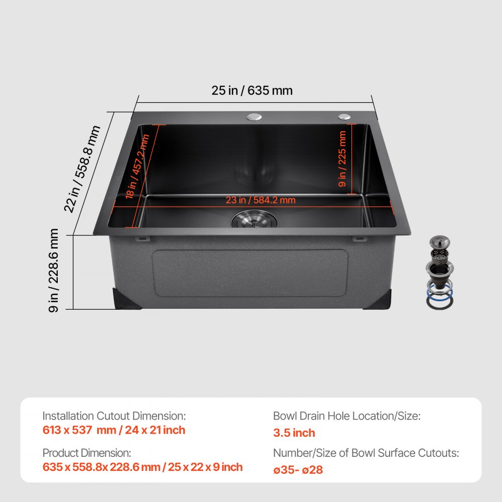 VEVOR 25 inch Kitchen Sink Workstation, 304 Stainless Steel Top Mount Sinks, Drop-In Single Bowl Farmhouse Basin with Accessories, Household Dishwasher Sinks for RV, Prep Kitchen, and Bar (Black)