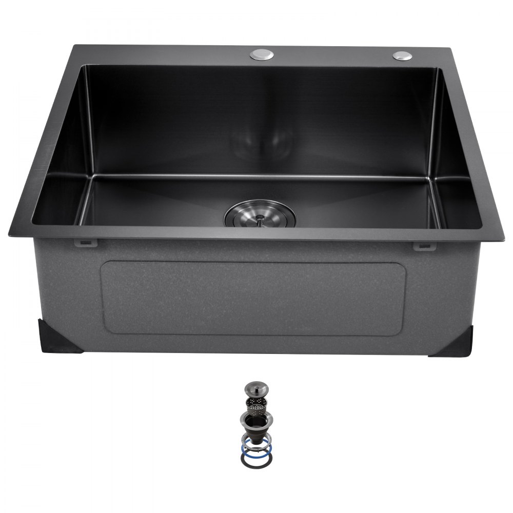 VEVOR 25 inch Kitchen Sink Workstation, 304 Stainless Steel Top Mount Sinks, Drop-In Single Bowl Farmhouse Basin with Accessories, Household Dishwasher Sinks for RV, Prep Kitchen, and Bar (Black)