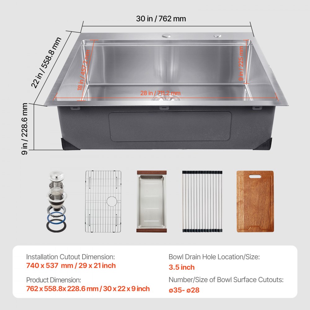 VEVOR 30 inch Kitchen Sink Workstation, 304 Stainless Steel Top Mount Sinks, Drop-In Single Bowl Farmhouse Basin with Ledge & Multiple Accessories, Household Dishwasher Sink for RV, Prep Kitchen, Bar