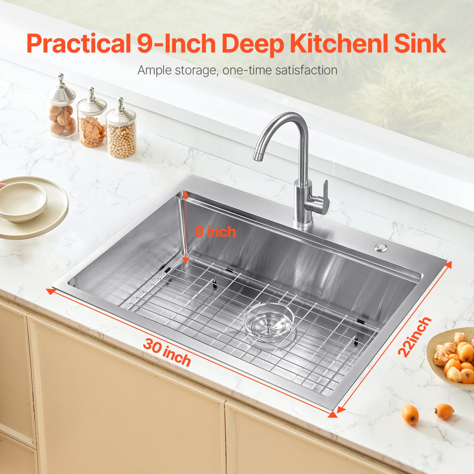 VEVOR 30 inch Kitchen Sink Workstation, 304 Stainless Steel Top Mount Sinks, Drop-In Single Bowl Farmhouse Basin with Ledge & Multiple Accessories, Household Dishwasher Sink for RV, Prep Kitchen, Bar