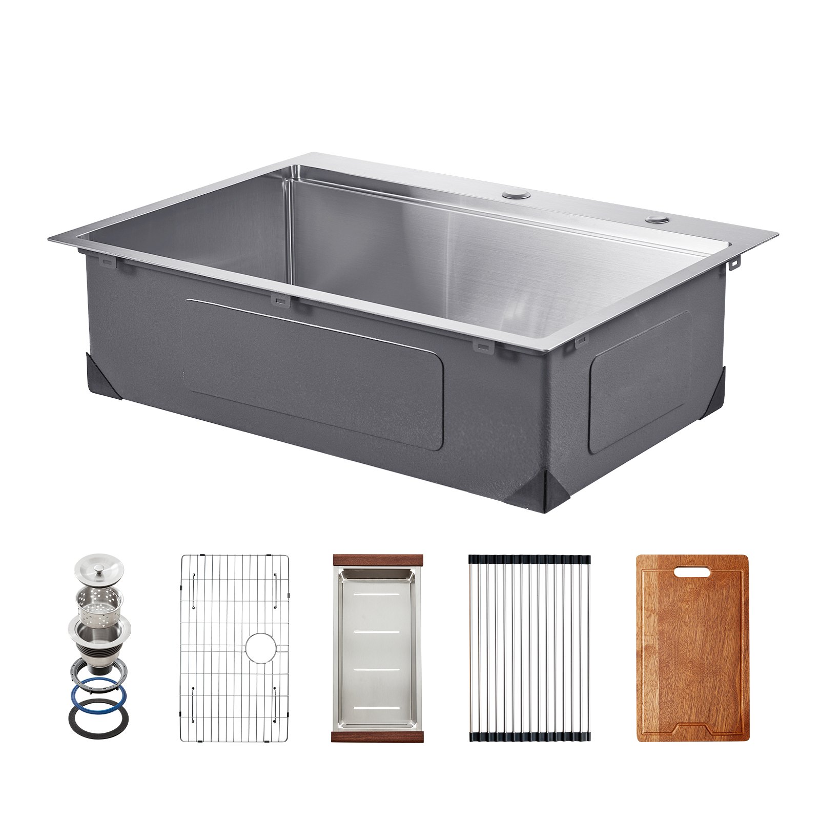 VEVOR 30 inch Kitchen Sink Workstation, 304 Stainless Steel Top Mount Sinks, Drop-In Single Bowl Farmhouse Basin with Ledge & Multiple Accessories, Household Dishwasher Sink for RV, Prep Kitchen, Bar