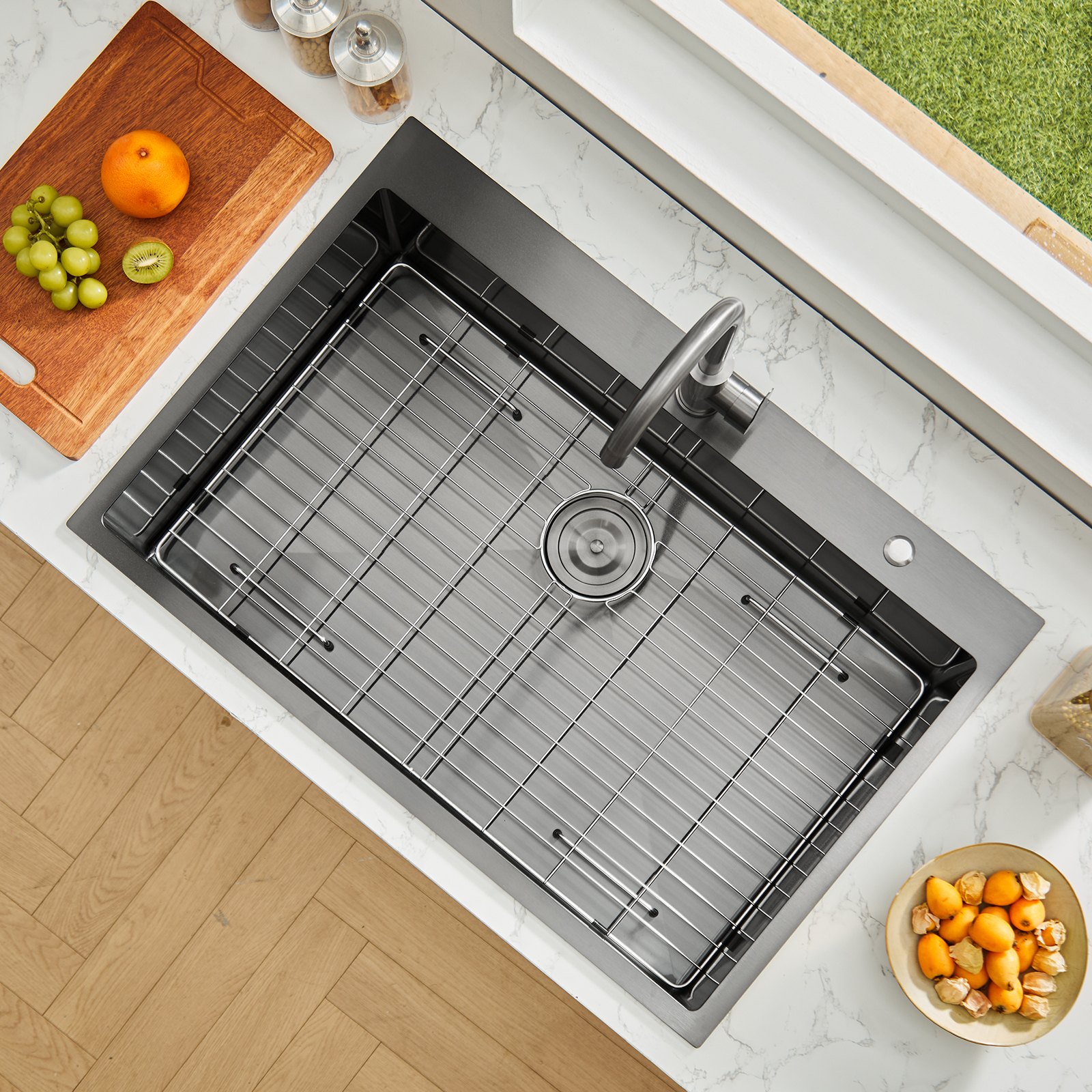 VEVOR 33 inch Kitchen Sink Workstation, 304 Stainless Steel Top Mount Sinks, Drop-In Single Bowl Farmhouse Basin with Accessories, Household Dishwasher Sinks for RV, Prep Kitchen, and Bar (Black)