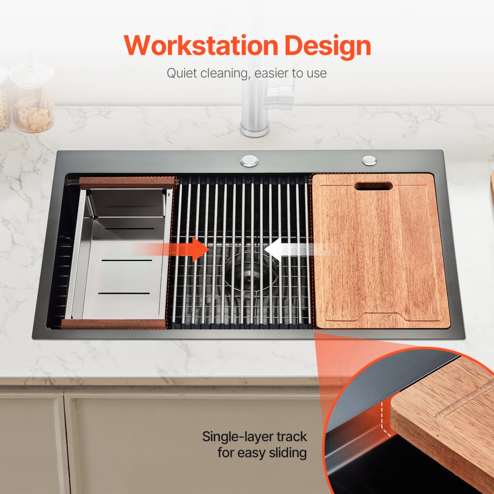 VEVOR 33 inch Kitchen Sink Workstation, 304 Stainless Steel Top Mount Sinks, Drop-In Single Bowl Farmhouse Basin with Ledge & Multiple Accessories, Household Dishwasher Sink for RV, Bar (Black)
