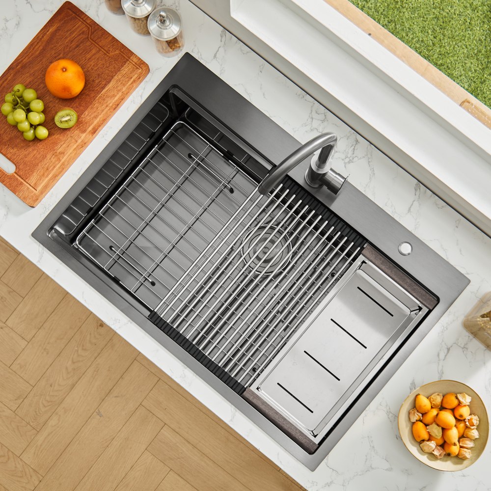 VEVOR 33 inch Kitchen Sink Workstation, 304 Stainless Steel Top Mount Sinks, Drop-In Single Bowl Farmhouse Basin with Ledge & Multiple Accessories, Household Dishwasher Sink for RV, Bar (Black)