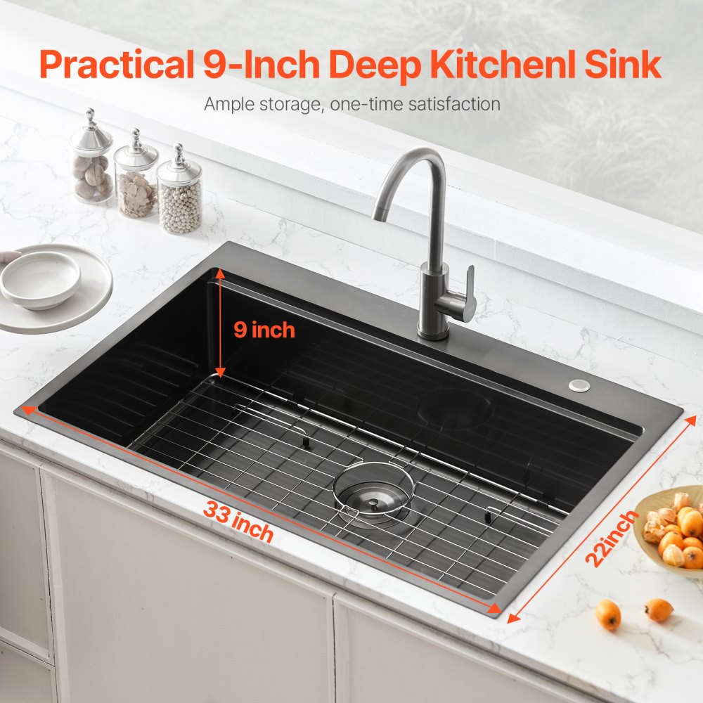 VEVOR 33 inch Kitchen Sink Workstation, 304 Stainless Steel Top Mount Sinks, Drop-In Single Bowl Farmhouse Basin with Ledge & Multiple Accessories, Household Dishwasher Sink for RV, Bar (Black)