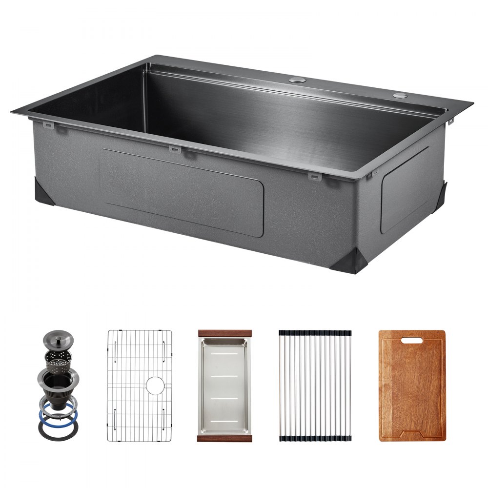 VEVOR 33 inch Kitchen Sink Workstation, 304 Stainless Steel Top Mount Sinks, Drop-In Single Bowl Farmhouse Basin with Ledge & Multiple Accessories, Household Dishwasher Sink for RV, Bar (Black)