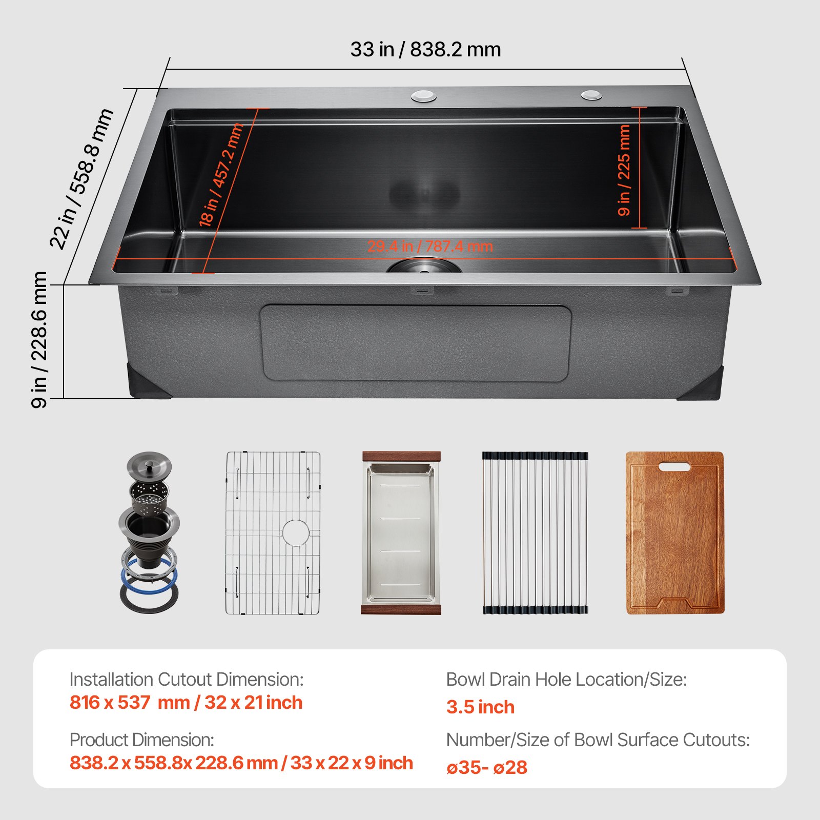 VEVOR 33 inch Kitchen Sink Workstation, 304 Stainless Steel Top Mount Sinks, Drop-In Single Bowl Farmhouse Basin with Ledge & Multiple Accessories, Household Dishwasher Sink for RV, Bar (Black)