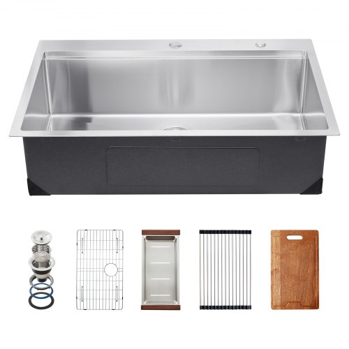 VEVOR 33 inch Kitchen Sink Workstation, 304 Stainless Steel Top Mount Sinks, Drop-In Single Bowl Farmhouse Basin with Ledge & Multiple Accessories, Household Dishwasher Sink for RV, Prep Kitchen, Bar